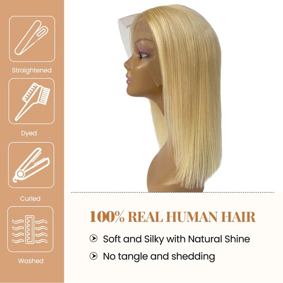 HUMAN HAIR 13x4 HD Lace Front Wig 180% Density Straight Bob 613 Frontal Lace - Picture 4 of 11